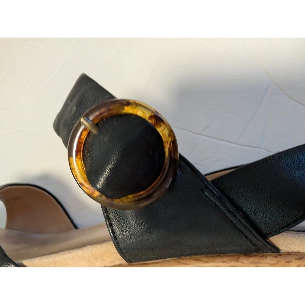 Dansko Black Leather Wedge Sandals Tortoise Buckle Wood Grain Platform EU‎ 40
